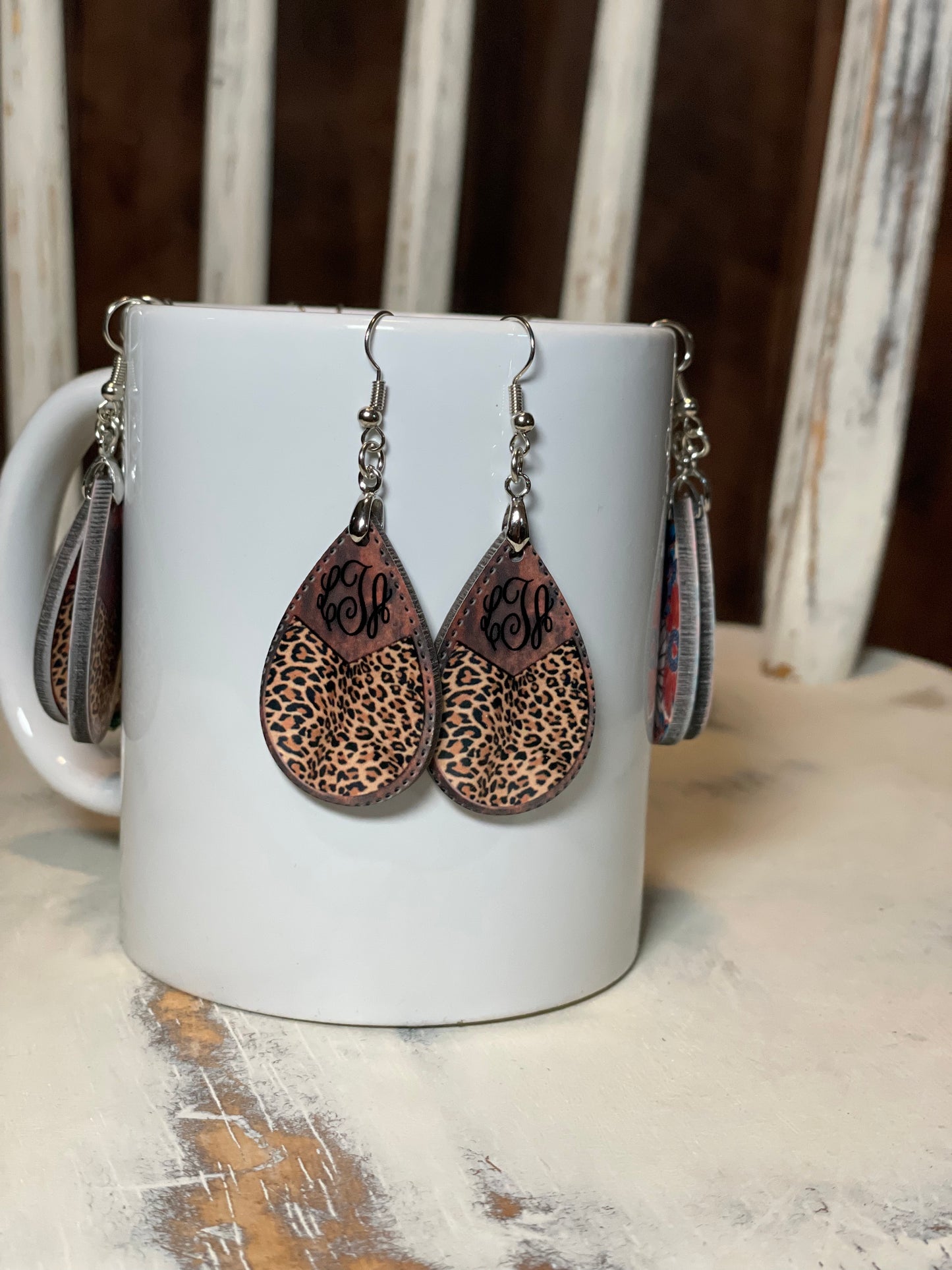 Earrings: Faux leopard monogrammed earrings